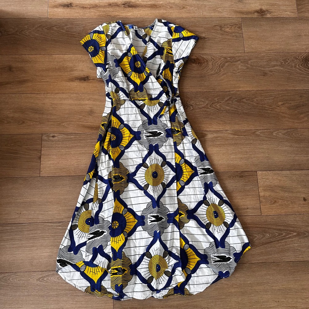 Lapogee Womens XL Wrap Dress Yellow Blue Bird Print Midi Cap Sleeve India
